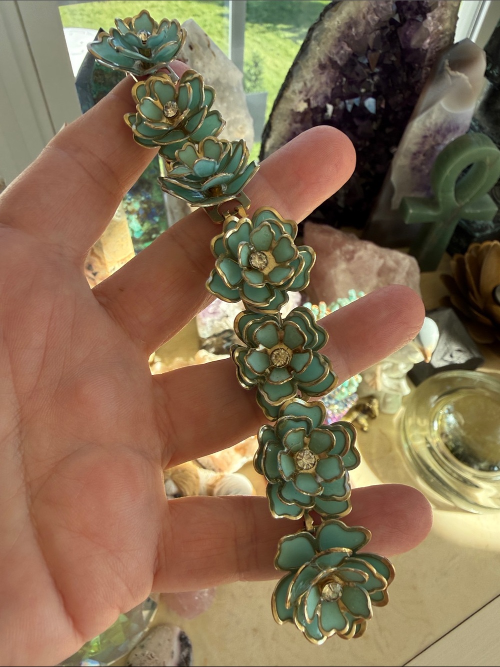Floral Mint Green Enamel Bracelet with Crystal Accents